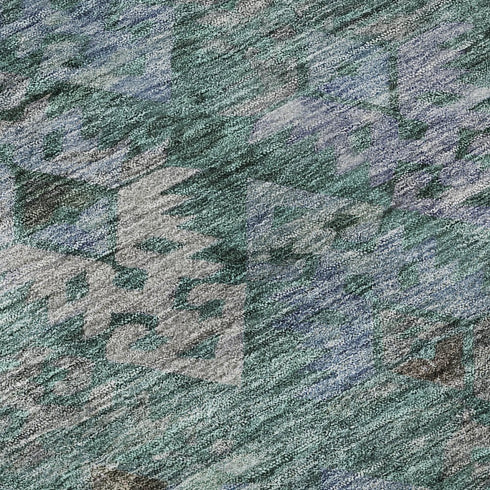 5' X 8' Emerald Teal And Gray Ikat Washable Area Rug With UV Protection