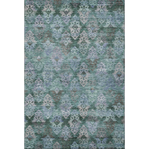 5' X 8' Emerald Teal And Gray Ikat Washable Area Rug With UV Protection