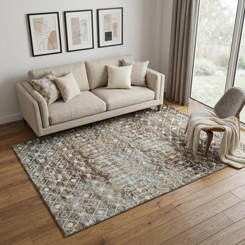 5' X 8' Brown Ivory And Gray Geometric Washable Area Rug With UV Protection