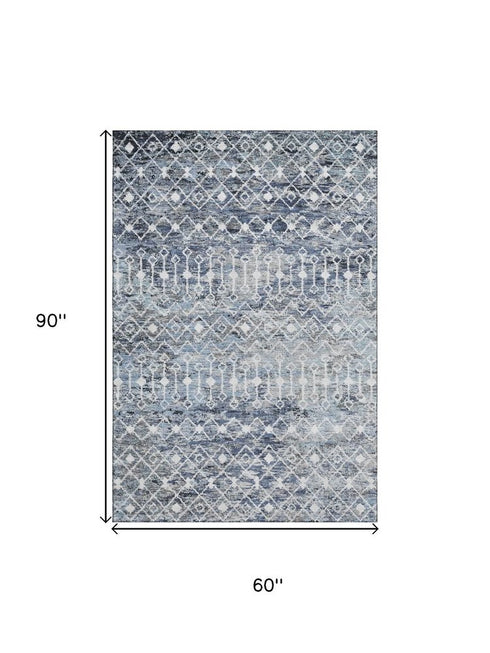 5' X 8' Blue Ivory And Gray Geometric Washable Area Rug With UV Protection