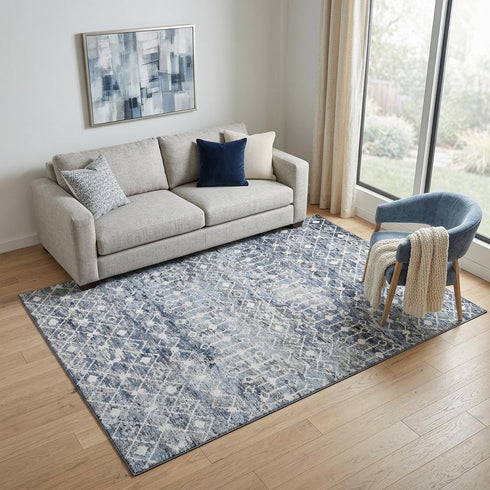 5' X 8' Blue Ivory And Gray Geometric Washable Area Rug With UV Protection