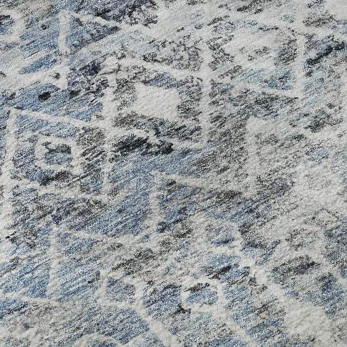 5' X 8' Blue Ivory And Gray Geometric Washable Area Rug With UV Protection