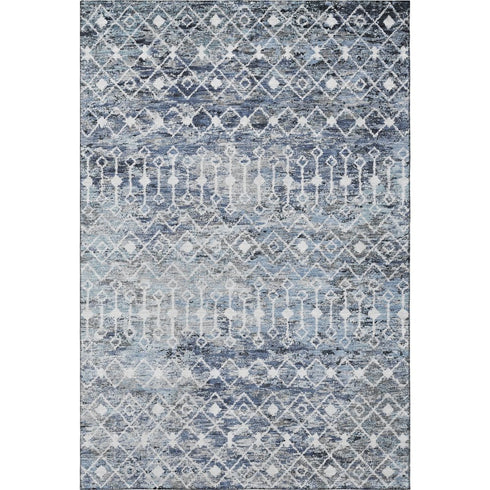 5' X 8' Blue Ivory And Gray Geometric Washable Area Rug With UV Protection