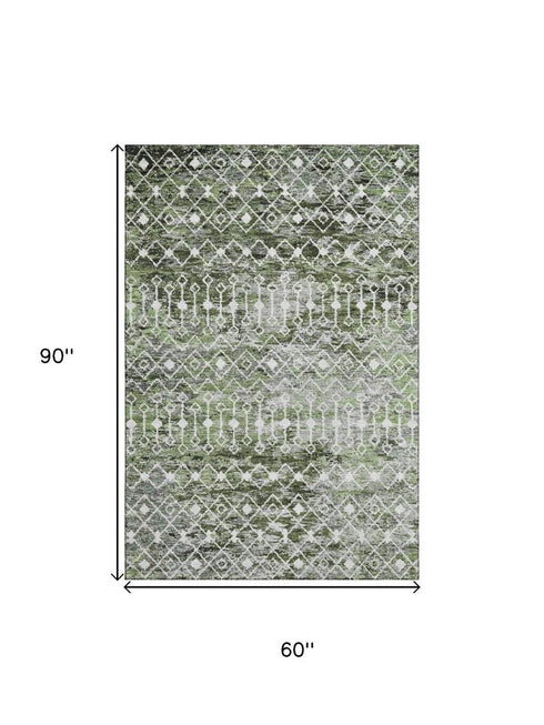 5' X 8' Olive Green Ivory And Gray Geometric Washable Area Rug With UV Protection