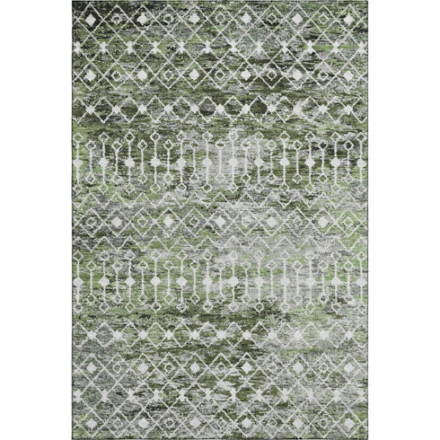 5' X 8' Olive Green Ivory And Gray Geometric Washable Area Rug With UV Protection