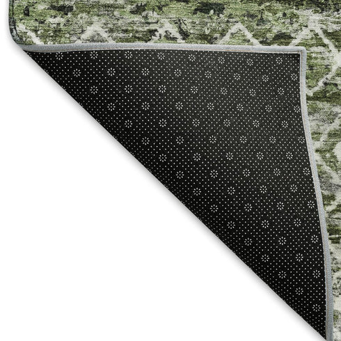5' X 8' Olive Green Ivory And Gray Geometric Washable Area Rug With UV Protection