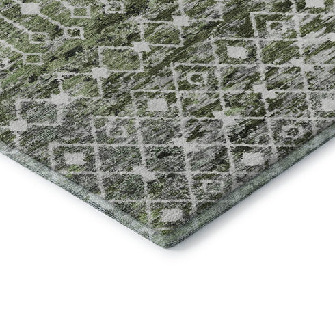 5' X 8' Olive Green Ivory And Gray Geometric Washable Area Rug With UV Protection
