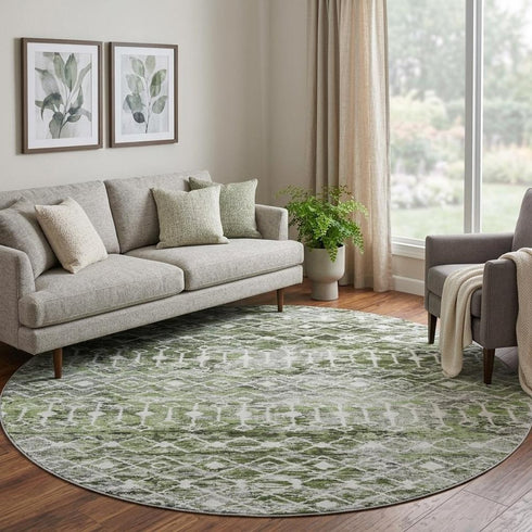 8' Olive Green Ivory And Gray Geometric Washable Round Rug With UV Protection