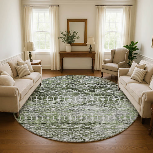 8' Olive Green Ivory And Gray Geometric Washable Round Rug With UV Protection