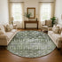 8' Olive Green Ivory And Gray Geometric Washable Round Rug With UV Protection