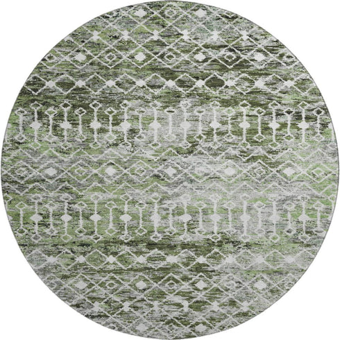 8' Olive Green Ivory And Gray Geometric Washable Round Rug With UV Protection