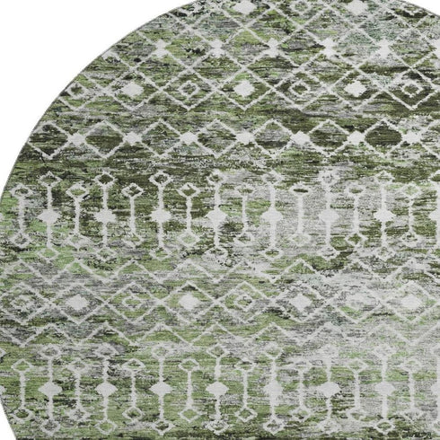 8' Olive Green Ivory And Gray Geometric Washable Round Rug With UV Protection