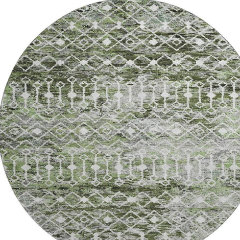 8' Olive Green Ivory And Gray Geometric Washable Round Rug With UV Protection