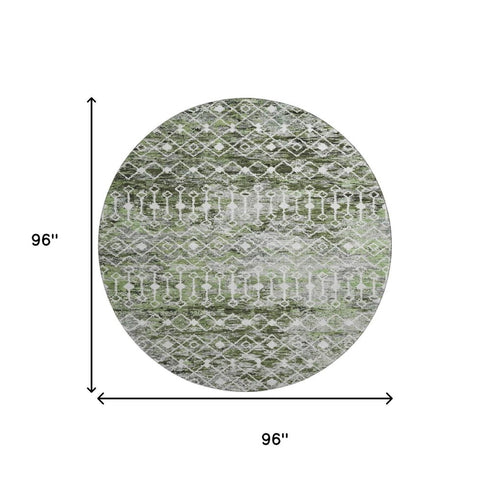 8' Olive Green Ivory And Gray Geometric Washable Round Rug With UV Protection