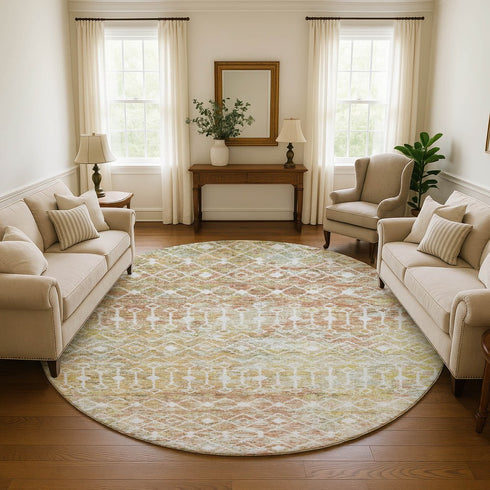 8' Peach Ivory And Gold Geometric Washable Round Rug With UV Protection