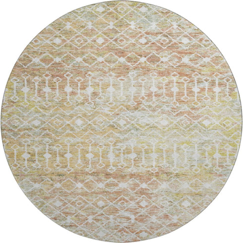 8' Peach Ivory And Gold Geometric Washable Round Rug With UV Protection