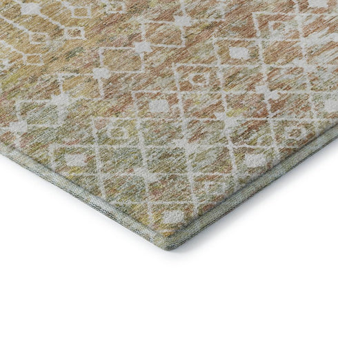 8' Peach Ivory And Gold Geometric Washable Round Rug With UV Protection