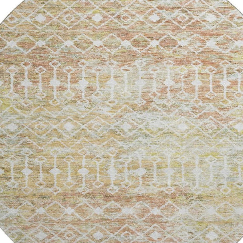 8' Peach Ivory And Gold Geometric Washable Round Rug With UV Protection