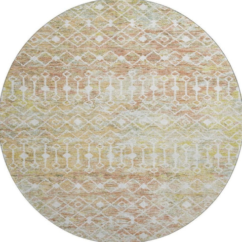 8' Peach Ivory And Gold Geometric Washable Round Rug With UV Protection
