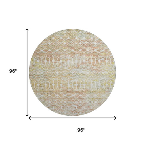 8' Peach Ivory And Gold Geometric Washable Round Rug With UV Protection