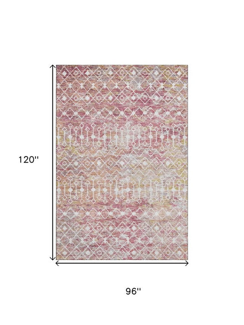 8' X 10' Pink Ivory And Wheat Geometric Washable Area Rug With UV Protection