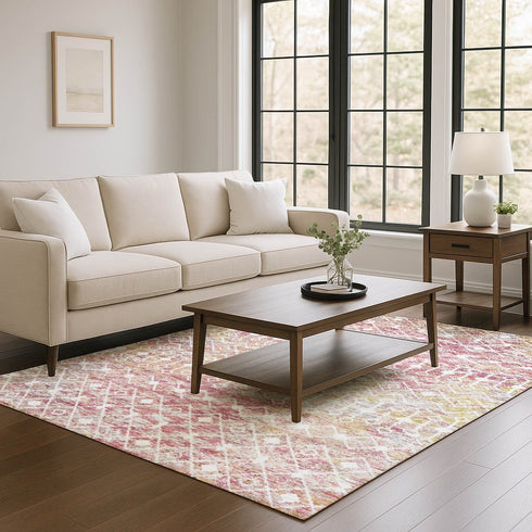 8' X 10' Pink Ivory And Wheat Geometric Washable Area Rug With UV Protection