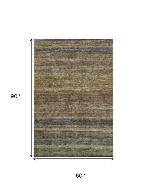 5' X 8' Brown Gold And Gray Striped Washable Area Rug With UV Protection