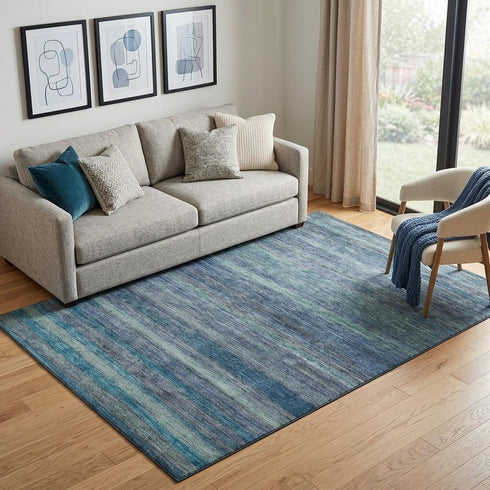 5' X 8' Blue Teal And Gray Striped Washable Area Rug With UV Protection