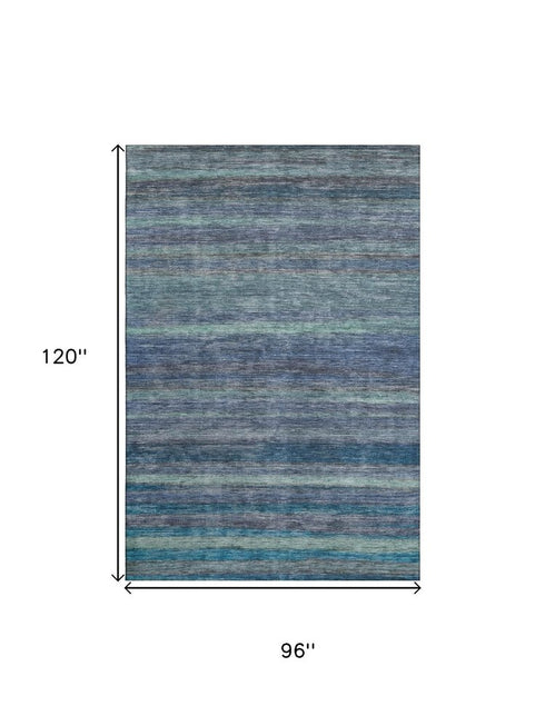 8' X 10' Blue Teal And Gray Striped Washable Area Rug With UV Protection