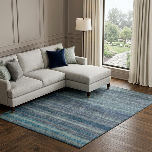 8' X 10' Blue Teal And Gray Striped Washable Area Rug With UV Protection