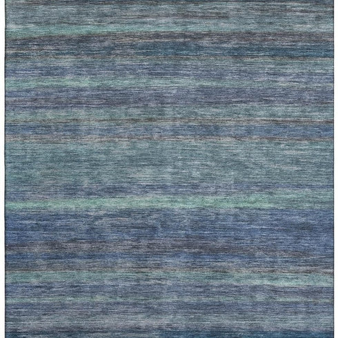 8' X 10' Blue Teal And Gray Striped Washable Area Rug With UV Protection