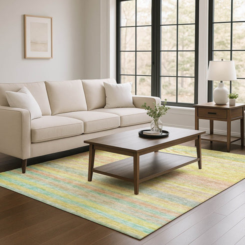 8' X 10' Gold Blush And Teal Striped Washable Area Rug With UV Protection
