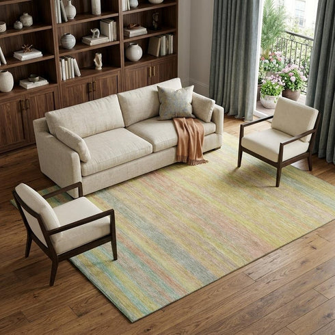 8' X 10' Gold Blush And Teal Striped Washable Area Rug With UV Protection