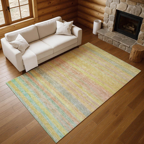 8' X 10' Gold Blush And Teal Striped Washable Area Rug With UV Protection