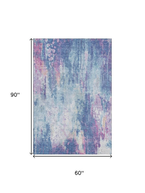 5' X 8' Blue Blush And Ivory Abstract Washable Area Rug With UV Protection