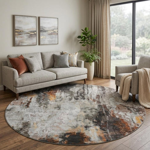 8' Gray Rust And Ivory Abstract Washable Round Rug With UV Protection