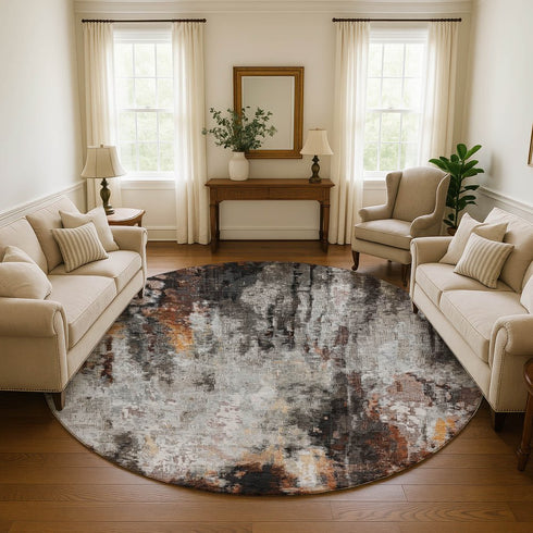 8' Gray Rust And Ivory Abstract Washable Round Rug With UV Protection