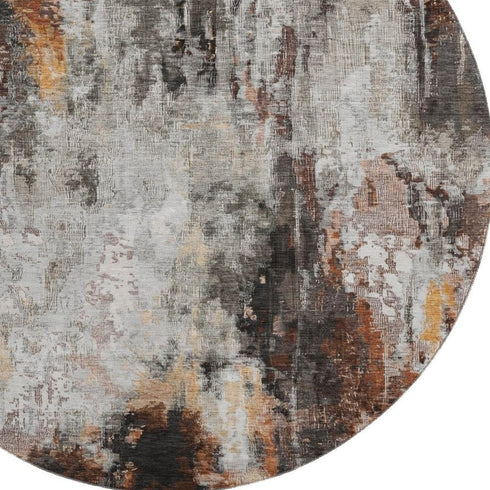 8' Gray Rust And Ivory Abstract Washable Round Rug With UV Protection