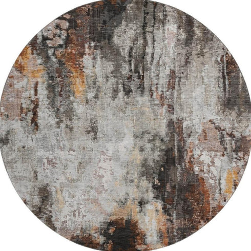 8' Gray Rust And Ivory Abstract Washable Round Rug With UV Protection