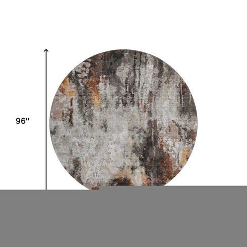 8' Gray Rust And Ivory Abstract Washable Round Rug With UV Protection