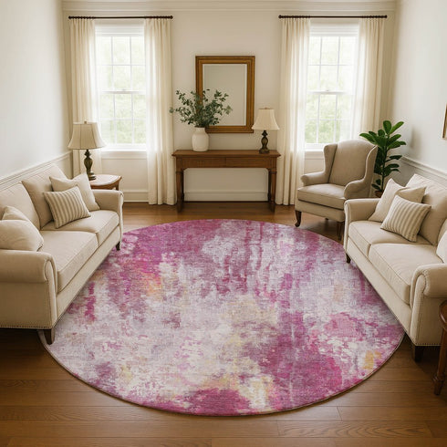 8' Pink Peach And Ivory Abstract Washable Round Rug With UV Protection