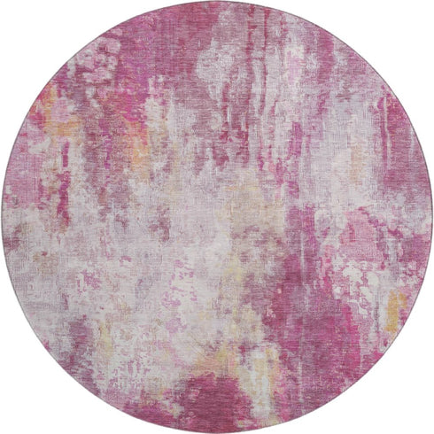 8' Pink Peach And Ivory Abstract Washable Round Rug With UV Protection