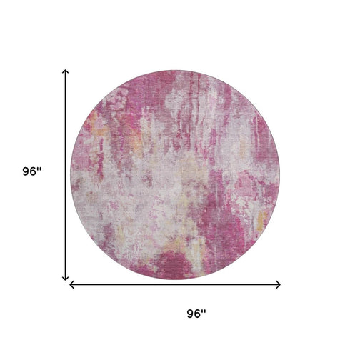 8' Pink Peach And Ivory Abstract Washable Round Rug With UV Protection