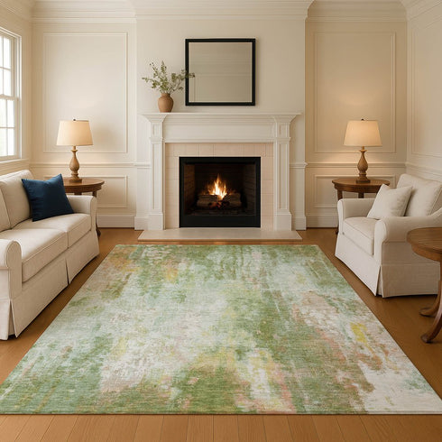 8' X 10' Sage Wheat And Ivory Abstract Washable Area Rug With UV Protection