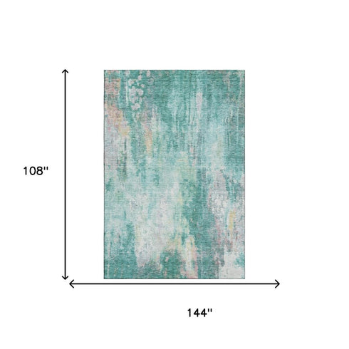9' X 12' Teal Peach And Ivory Abstract Washable Area Rug With UV Protection
