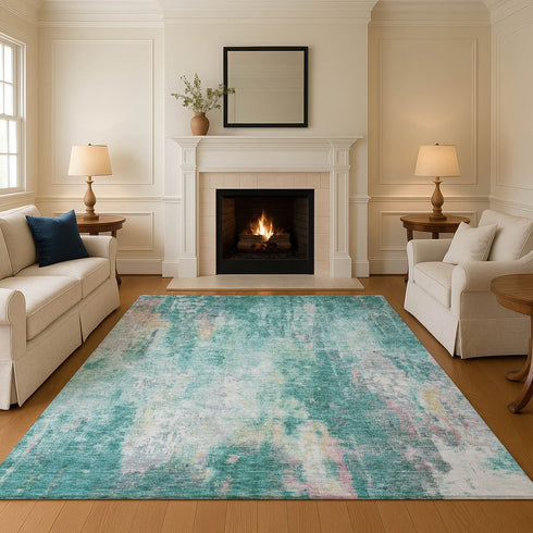 9' X 12' Teal Peach And Ivory Abstract Washable Area Rug With UV Protection