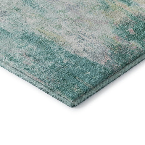 9' X 12' Teal Peach And Ivory Abstract Washable Area Rug With UV Protection