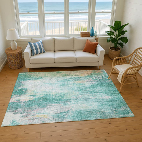 9' X 12' Teal Peach And Ivory Abstract Washable Area Rug With UV Protection