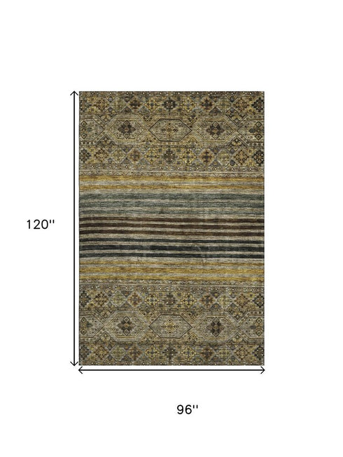 8' X 10' Gray Gold And Brown Striped Washable Area Rug With UV Protection