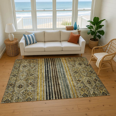 8' X 10' Gray Gold And Brown Striped Washable Area Rug With UV Protection